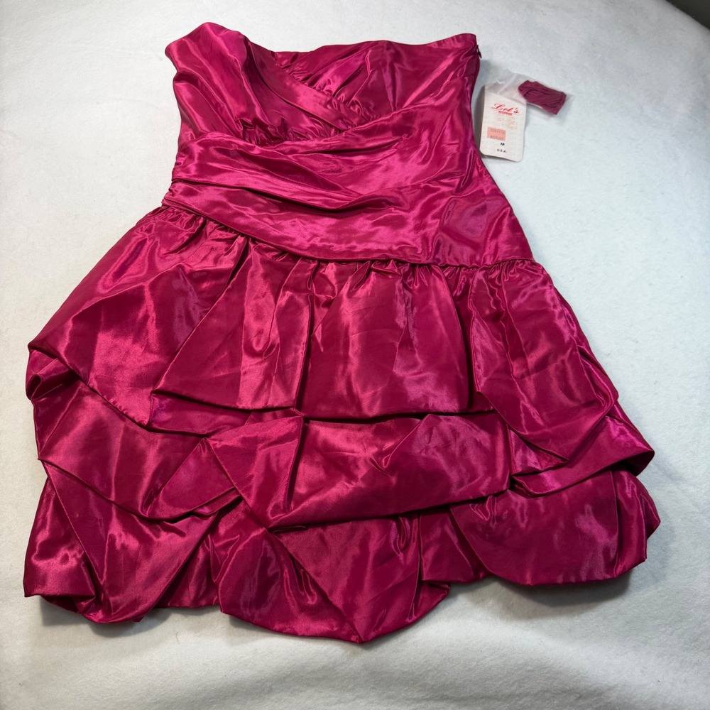 Let's Fashion Magenta Pink Satin Tiered Ruffle Mini Dress Size M NWT Vintage